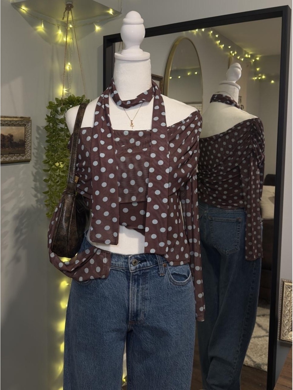 Brown Polka Dot Off Shoulder Top + Scarf 🤎